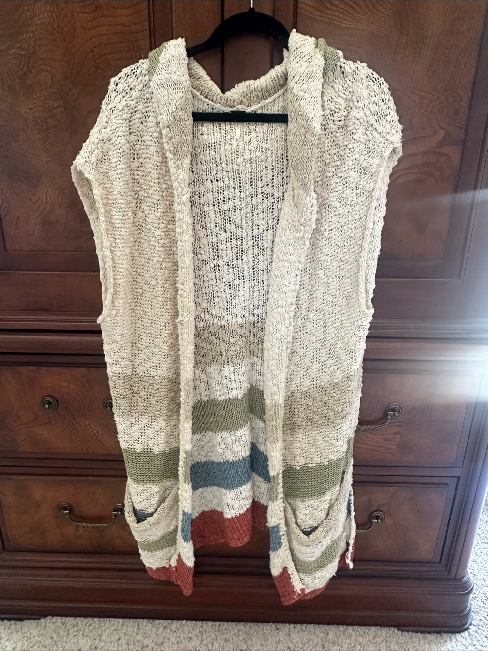 Free People Hooded Open-Front Striped Knit Vest in Cream, Green, Blue, Rust